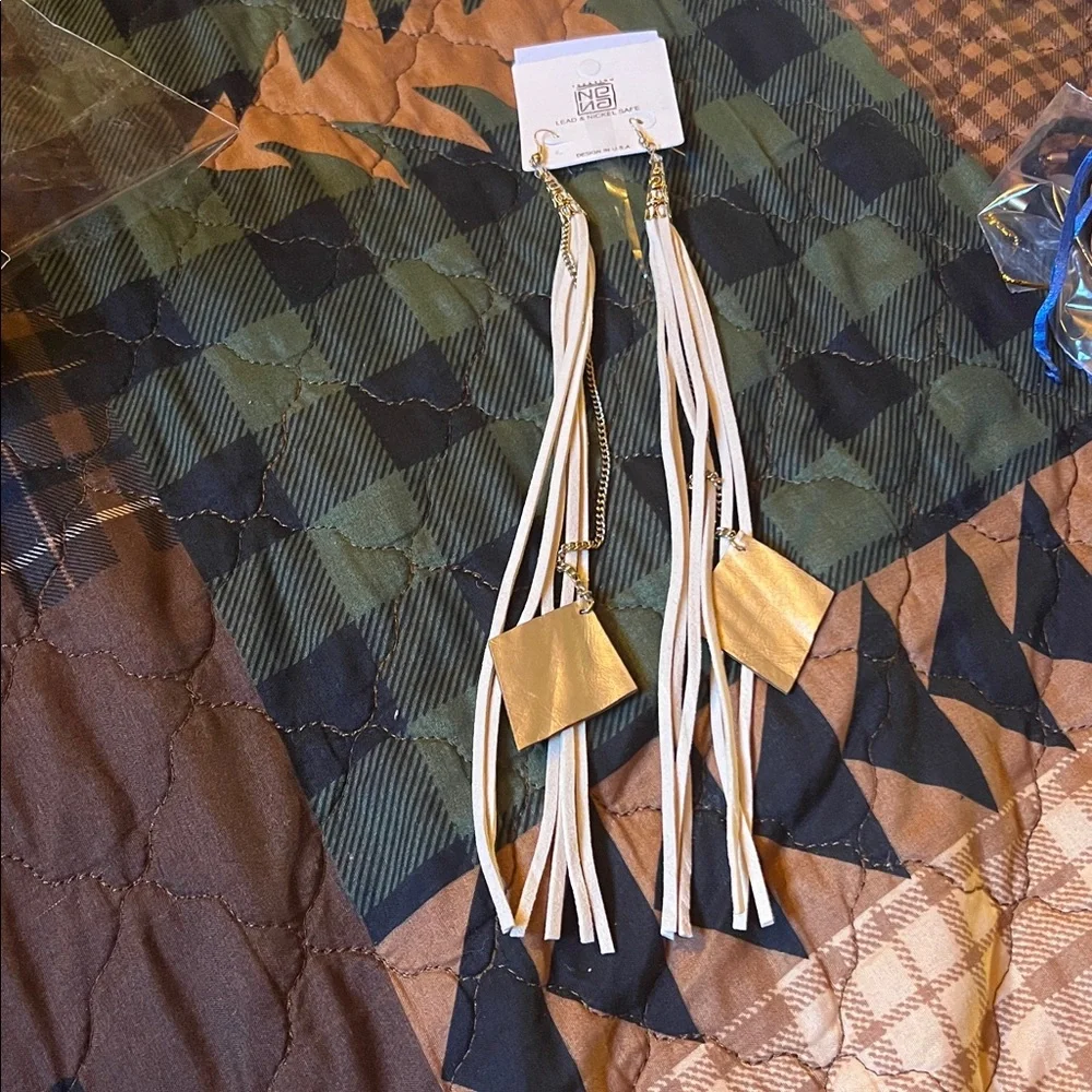 NWT No Boundaries Cream Long Leather Tassel Earrings Nickel & Lead Safe
